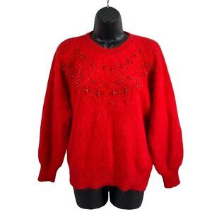 vtg 80's fuzzy‎ lux mohair beaded red pullover sweater sz M
